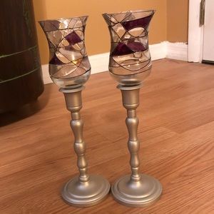 Pair of candleholders silver glass 11” tall